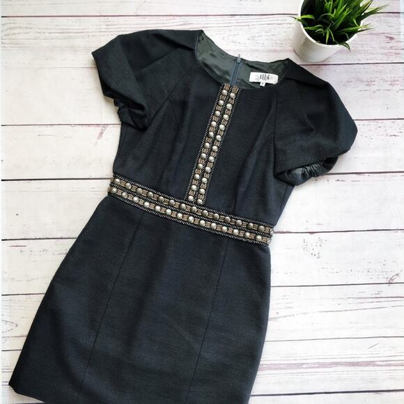 TIBI Rivet Embellished Textured Black Knee-Length Short Sleeve Dress 6 - Picture 1 of 5